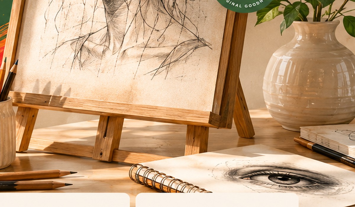Hand drawn artwork and pencils on a desk